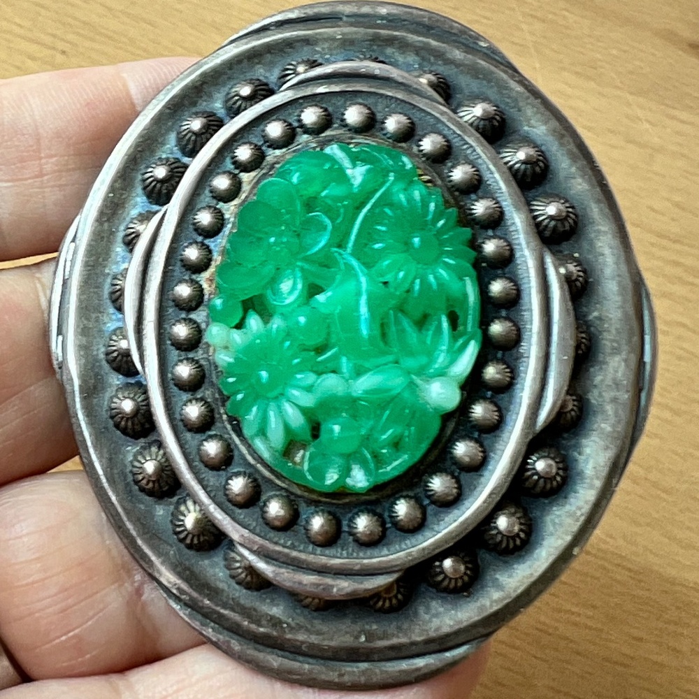 VINTAGE CHINESE EXPORT STERLING CARVED PEKING GLASS STATEMENT PENDANT PIN BROOCH - Picture 14 of 16